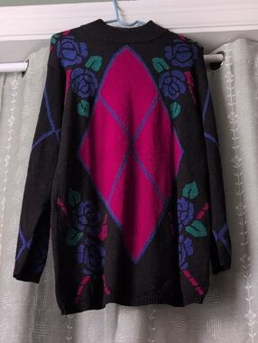 Casual Corner Black Sweater with Magenta Diamond & Floral Motif